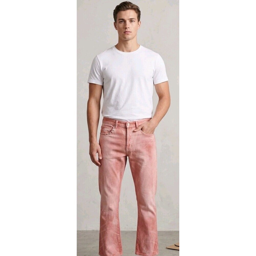 MNML Pink Acid Wash Jeans Flare Leg Button Fly Studded Pocket 29x32" NWT
